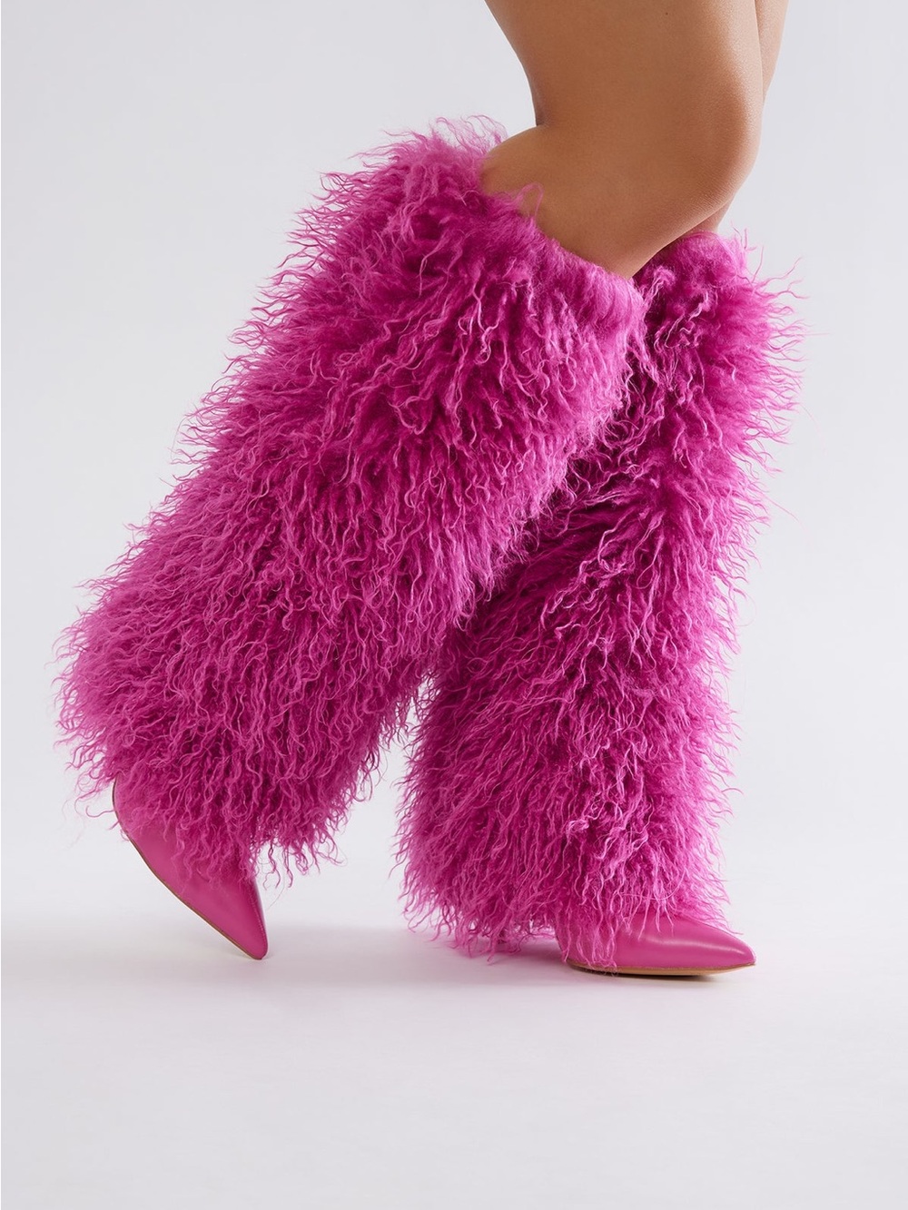 Fashion Nova Fuchsia Faux Fur Knee-High Pointed Toe Boots